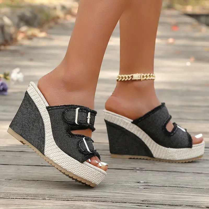 Caleva Denim Wedge Slide Sandals