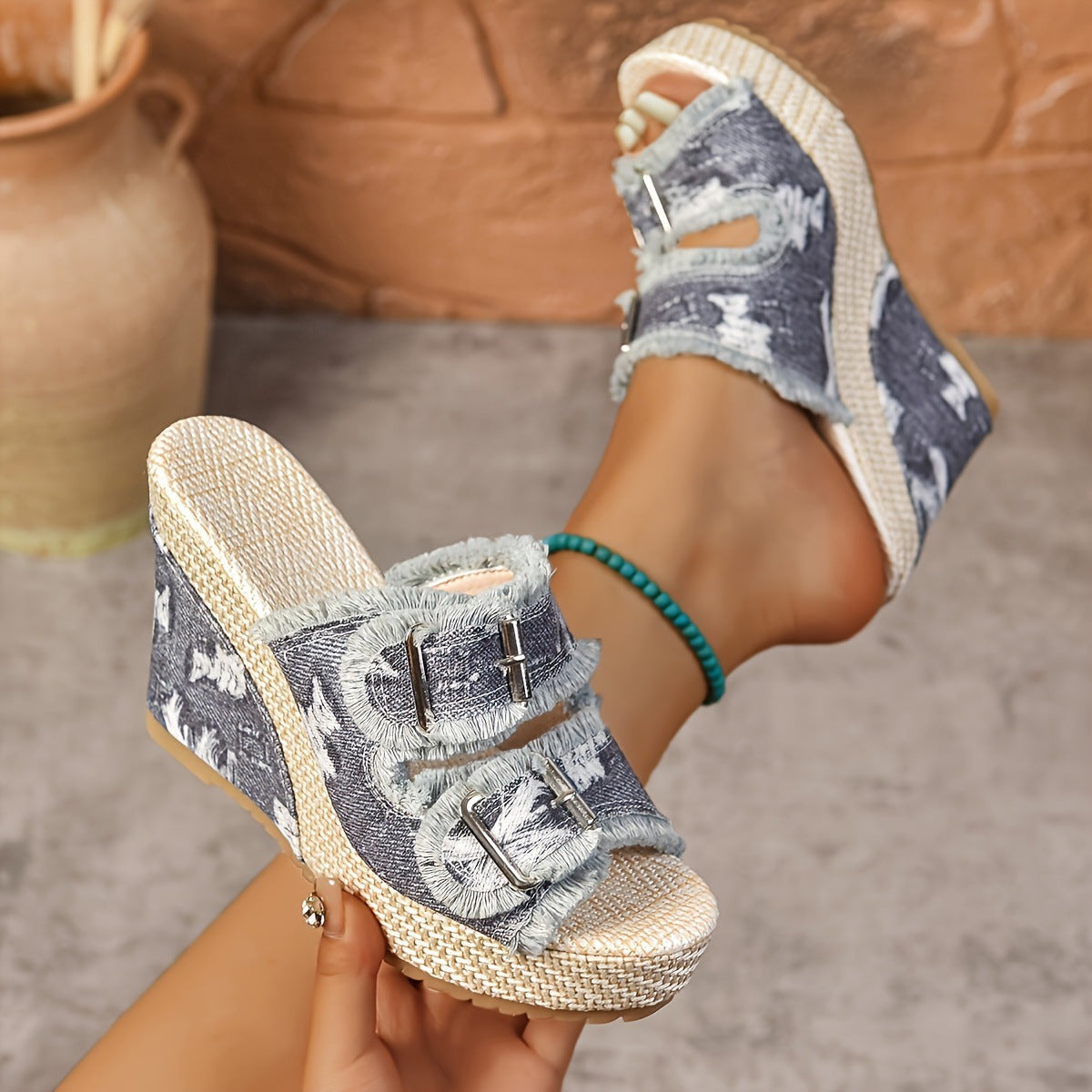 Caleva Denim Wedge Slide Sandals