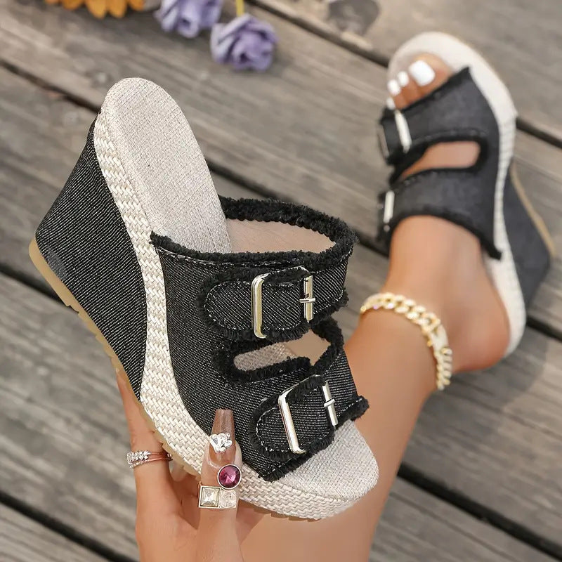 Caleva Denim Wedge Slide Sandals