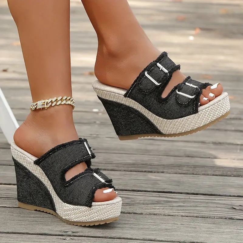 Caleva Denim Wedge Slide Sandals