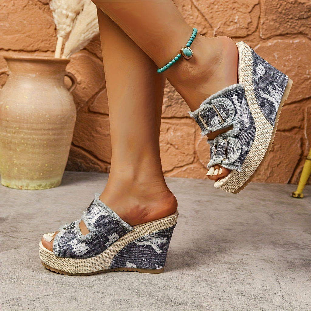 Caleva Denim Wedge Slide Sandals