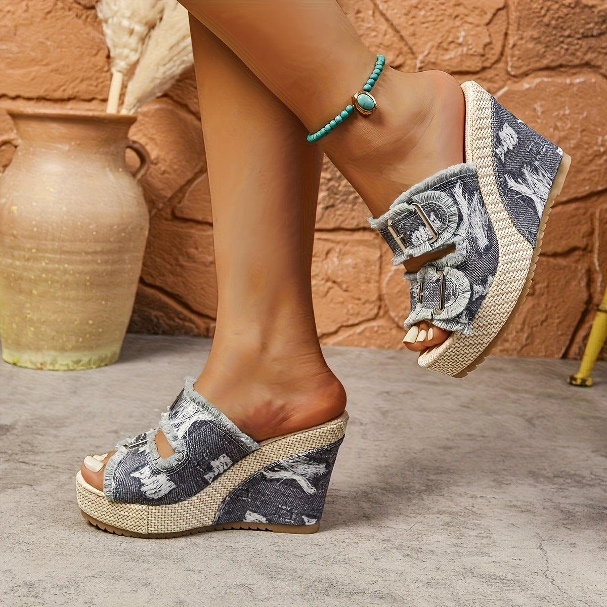 Caleva Denim Wedge Slide Sandals
