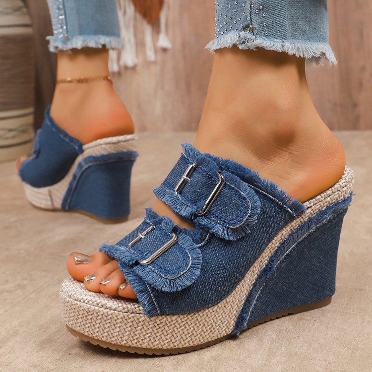 Caleva Denim Wedge Slide Sandals